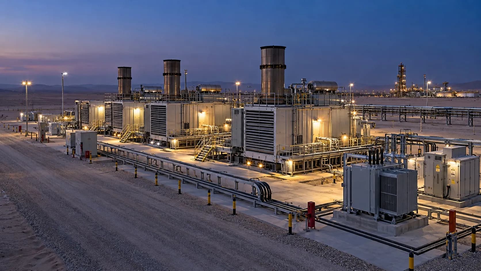 Oil refinery at dusk powered by industrial generators
